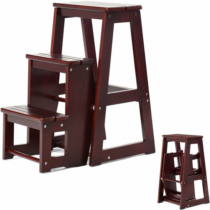 Thumbnail - Leiterstuhl Tritthocker Trittstuhl Trittleiter Haushaltsleiter Hockerleiter, aus Massivholz, klappbar, 3 Stufen Braun - ...