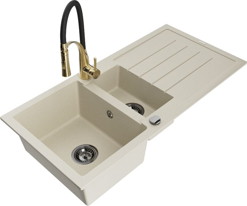 Andres 1,5-Becken-Granitspüle mit Abtropffl√§che und Mischbatterie Aster, Beige - 6515-69-73450-57-B - Mexen