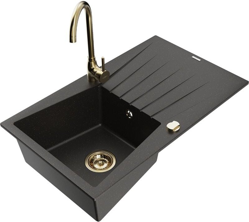 Cesar 1 Becken-Granitspüle mit Abtropffläche und Mischbatterie Telma, Schwarz/Gold - 6514-75-6 - Mexen
