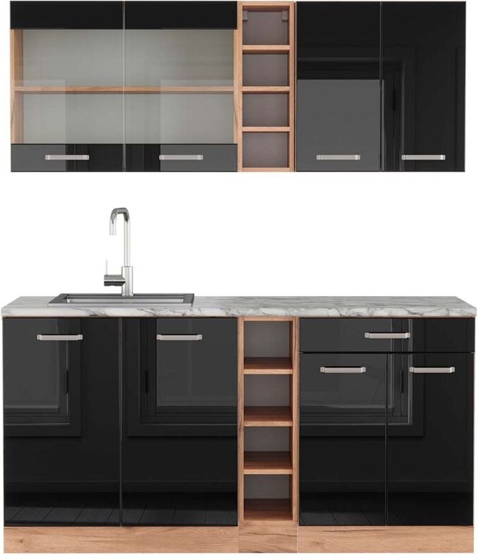 Thumbnail - Vicco - Singleküche R-Line, Schwarz Hochglanz/Goldkraft Eiche, 160 cm , ap Marmor
