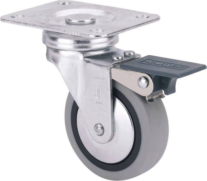 Gummi-Lenkrolle mit Platte, Feststeller und glatter Achse, grau, max. Tragkraft 17 kg, ø 4 cm