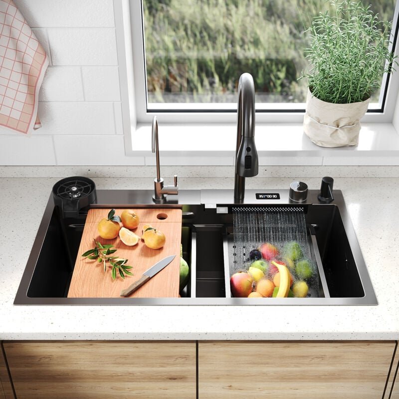 Spülen mit 1 Becken Edelstahlspüle Küchenspüle Küchenspüle Edelstahlspüle Schwarz Aufsatzwaschbecken80×45×23cm Edelstahl...