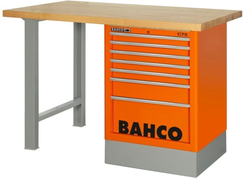 Bahco Robuste Werkbank mit Schubladenschrank, 6 Schubladen, Holz-Arbeits/-Ablageplatte und zwei Beinen, orange, 1500 mm ...