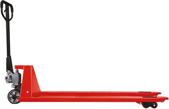 Roter Handhubwagen mit langen und breiten Gabeln 1500 x 685 mm – Tragfähigkeit 2000 kg – Ideal für spezielle und lange P...