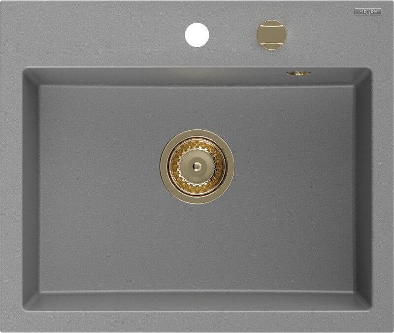 Mexen Oscar Granitspüle 1-Becken 580 x 490 mm, grau, goldener Siphon - 6519581000-71-G