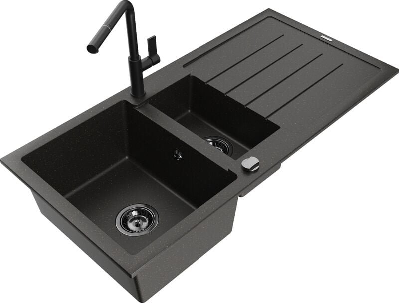 Andres 1,5-Becken-Granitspüle mit Abtropffläche und Mischbatterie Flora, Schwarz/gold - 6515-7 - Mexen