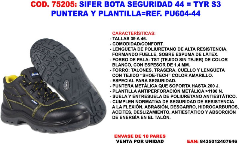 Sicherheitsstiefel Sifer/Safety Safety Boot 44 Tyr S3 mit Spitze und Plantpu604-44