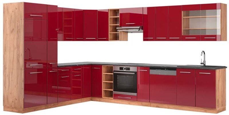 Vicco - Eckküche Fame-Line, Bordeaux Hochglanz/Goldkraft Eiche, 347 x 257 cm , ap Anthrazit