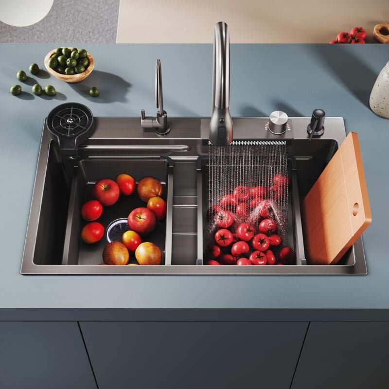 Spülen mit 1 Becken Edelstahlspüle Küchenspüle, Einbecken-Unterbauspüle mit Korb für Wasserfilterung, Seifenspender, Abw...