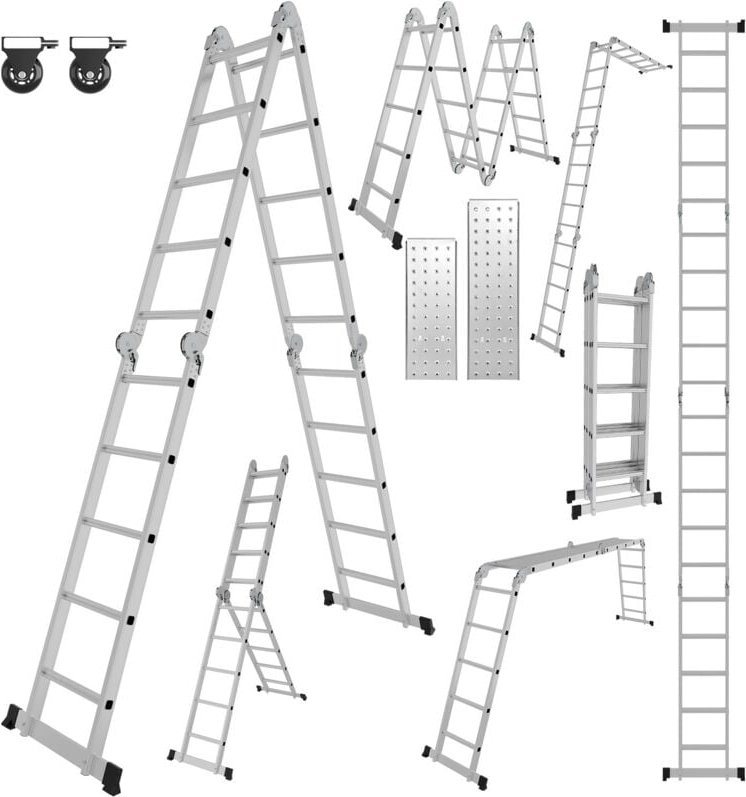 Thumbnail - Swanew Mehrzweckleiter 582cm, 6 in 1 Klappleiter mit 2 Rollen und Plattform, 4 x 5 Silber-Klappbare Vielzweckleiter bis ...