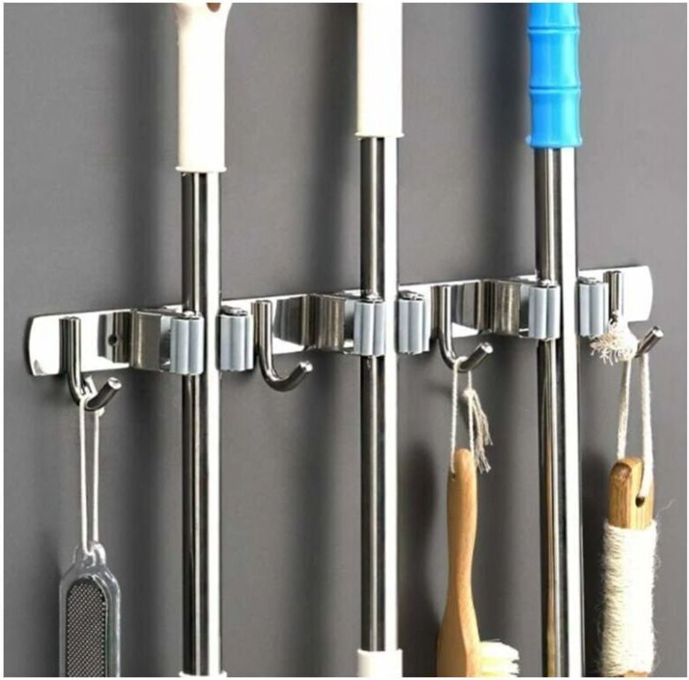 Wandbesenhalter – Besenhalter aus Edelstahl, Aufbewahrungshalter für Küche, Garage, Waschküche (3 Schlitze und 4 Haken)