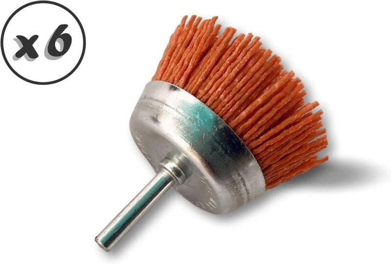 Thumbnail - Rotierender Metallbürstenschnitt ø 75 mm 6er-Set Am Stiel ø 6 mm Schleifborsten aus Nylon mit Körnung 80 Für Bohrmaschin...