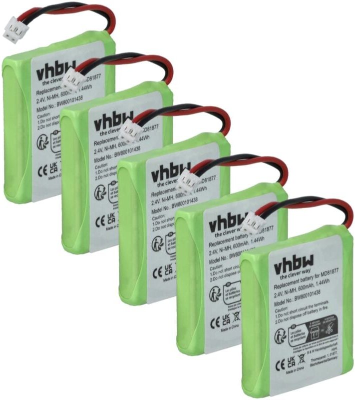 Vhbw - 5x Akku kompatibel mit VTech VT2020, VT1100 schnurlos Festnetz Telefon (600 mAh, 2,4 v, NiMH)