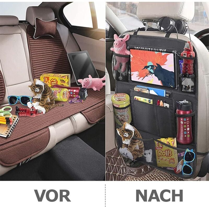 Auto-Organizer für Kinder, 1 Auto-Innenausstattungszubehör, transparenter Tablet-Halter, 10 Taschen, Schwarz