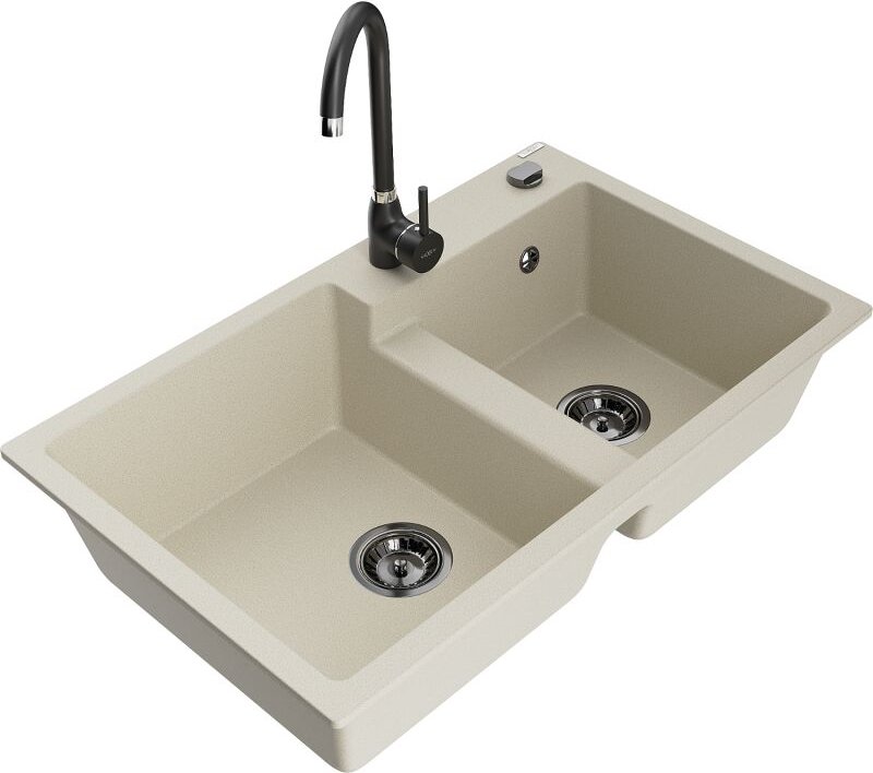 Mexen Tomas 2-Becken-Granitspüle mit Mischbatterie Telma, Beige - 6516-69-670200-70