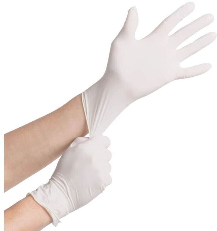 100 Handschuhe) Weiß, Größe m, Einweghandschuhe aus Latex, dünn und puderfrei, verstärkte und verklebte Finger, Mehrzwec...