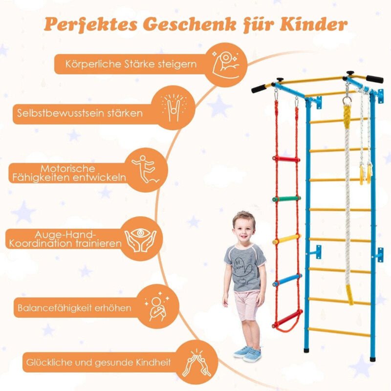 Kinder kletterwand heimsportgerat fur kinder bis 100 kg 107 x 83 x 223 cm blau und gelb