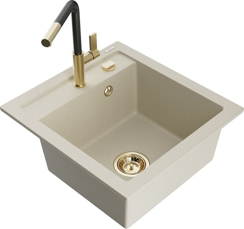 Mexen Vito 1-Becken-Granit-Spüle mit Mischbatterie Flora, Beige - 6503-69-670401-57-G