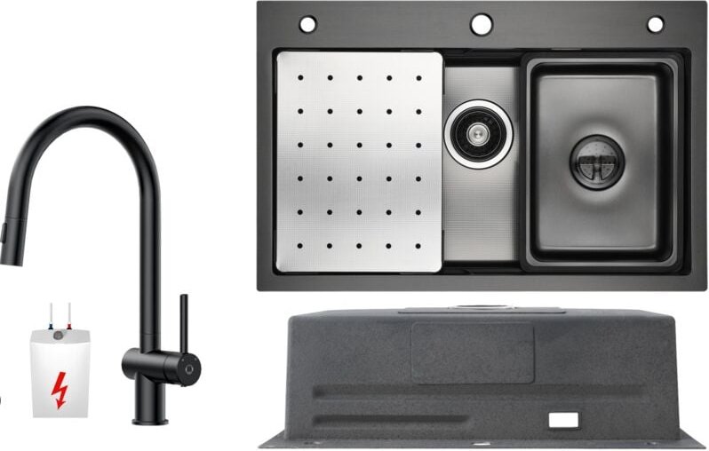 Cecipa Max - Küchenspüle aus Edelstahl 70x45cm Anthrazitschwarz Mit Abtropffläche + Ausziehbarer Niederdruck-Küchenarmat...