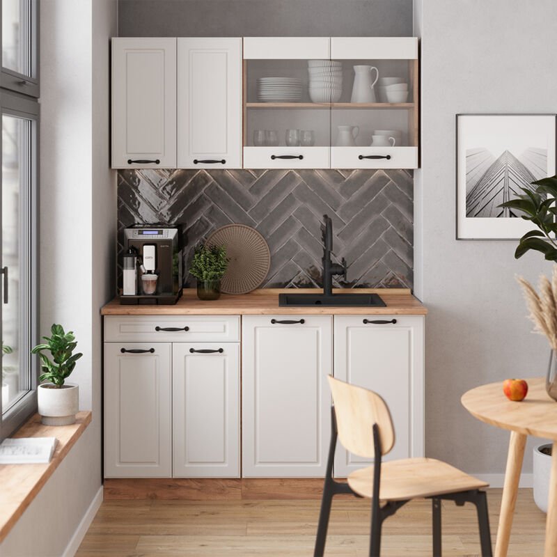 Vicco - Singleküche R-Line, Weiß Landhaus/Goldkraft Eiche, 140 cm ohne Arbeitsplatte