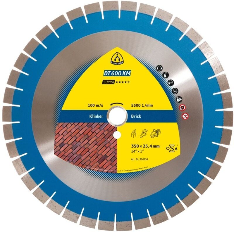 Klingspor - dt 600 km Diamanttrennscheiben, 350 x 3 x 25,4 mm 38 Segmente 24 x 3 x 15 mm, Kurzverzahnung