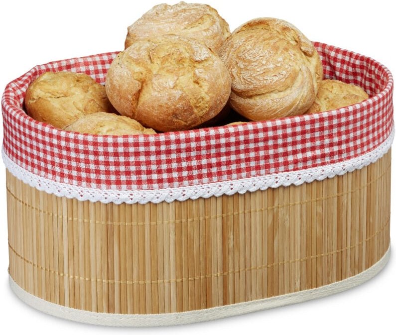 3 x Brotkörbchen Bambus, Stoffeinsatz, HxBxT: 16,5 x 33,5 x 23,5 cm, Aufbewahrungskörbchen, für Frühstückstisch, natur