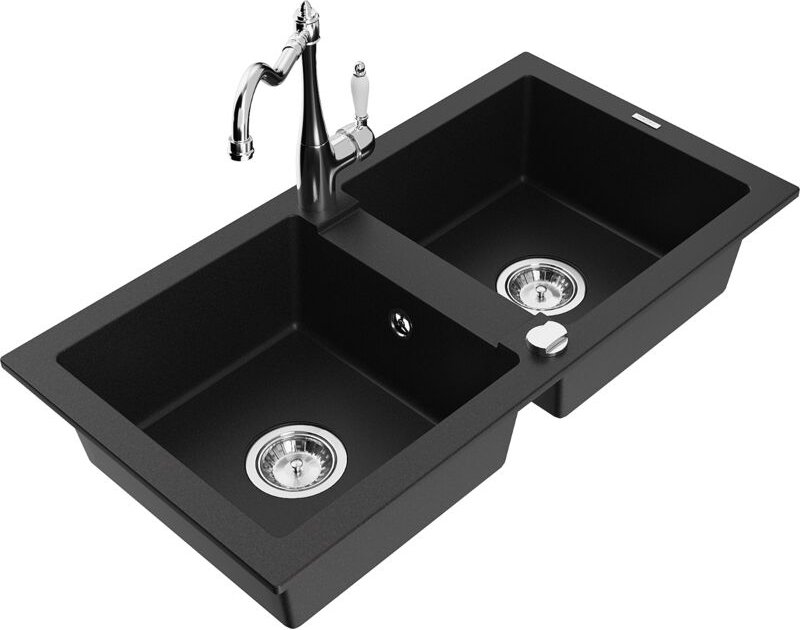 Mario 2-Becken-Granitspüle mit Mischbatterie Carla, Schwarz - 6504-77-670700-00 - Mexen