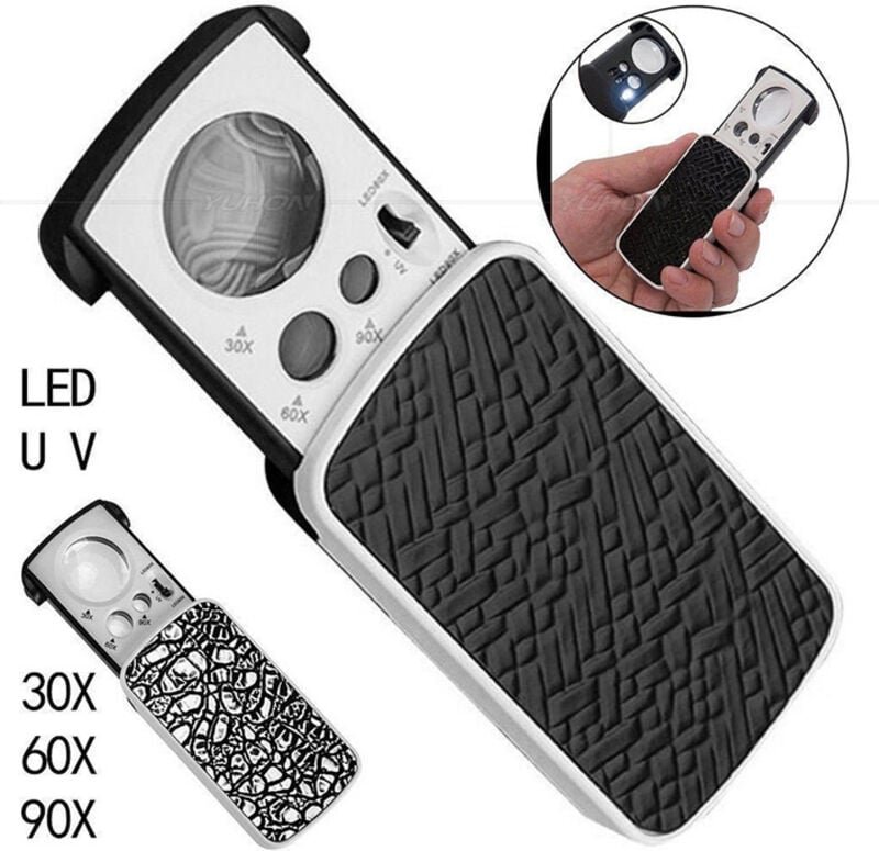 Juwelierlupe, Juwelierlupe, beleuchtet, 30-fach, 60-fach, 90-fach, Schmucklupe mit UV-Schwarzlicht und hellem LED-Licht ...