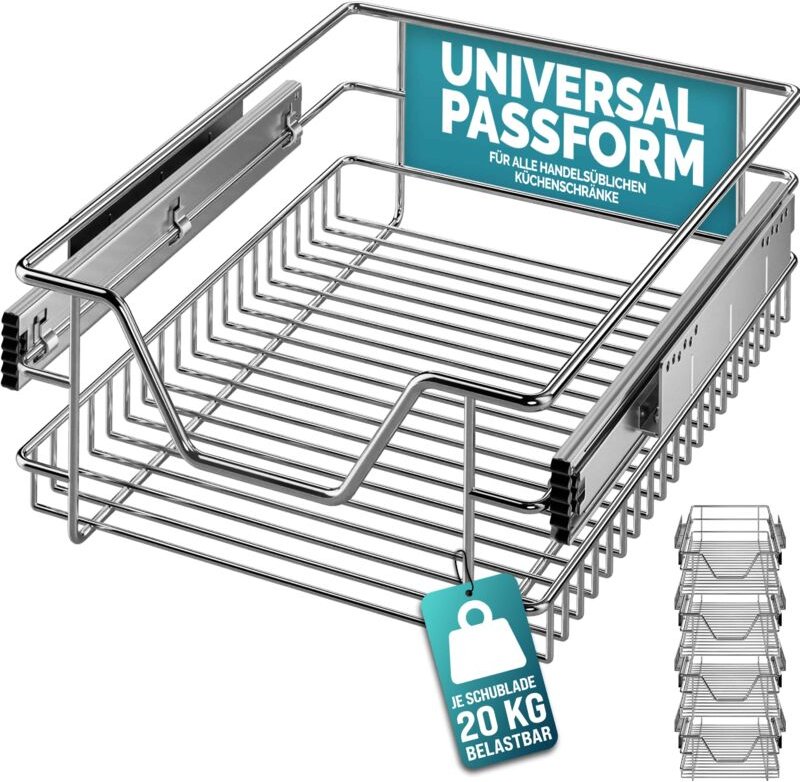 Casaria® Teleskopschublade Ausziehbare Schublade Küche 30-60cm 20kg Belastbar Verchromt Korbauszug mit Zubehör Haushalt ...
