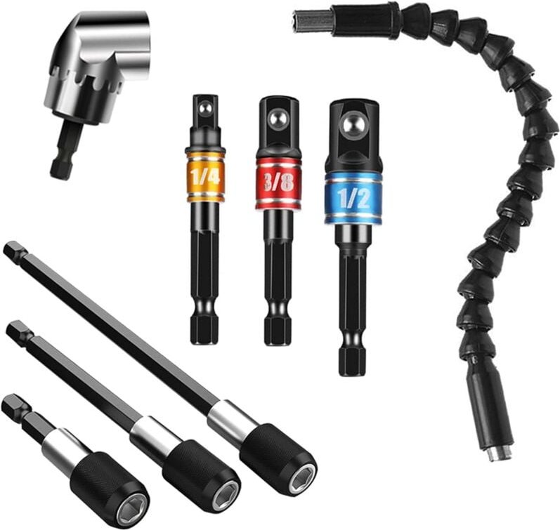 8-teiliges Bohrverlängerungsset, 1 flexibler Verlängerungsschraubendreher und flexibler 105°-Schraubendreher, 3 drehbare...