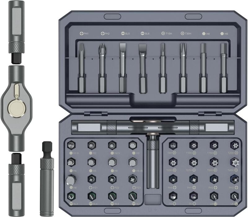 Set (16,5 x 9 x 3,5 cm) 42-in-1 grauer magnetischer Präzisions-Multi-Bit-Schraubendreher mit 40 Bits und einem abnehmbar...