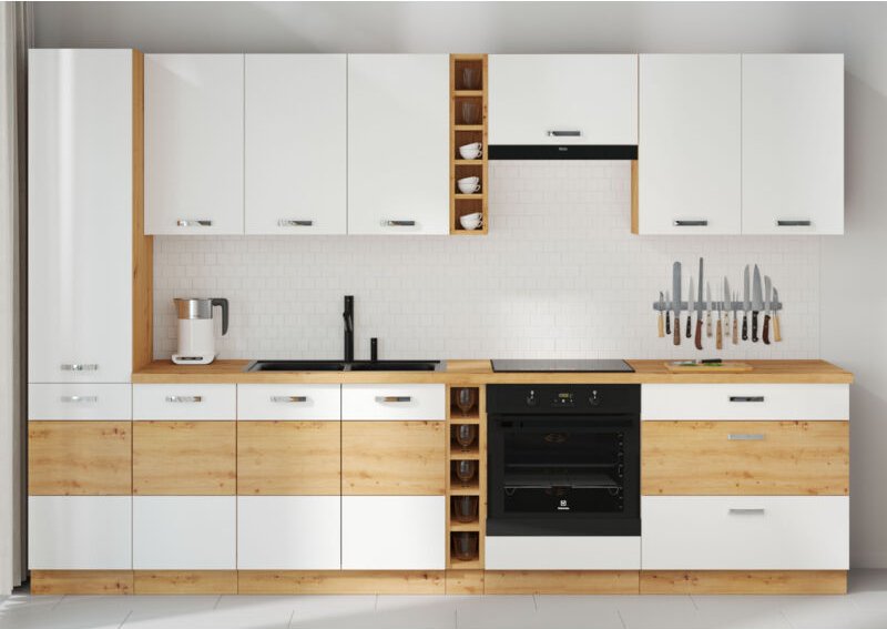 Küchenmöbel-Set Tornos 315 cm mit Hängeschränken Artisan-Eiche Weiß glänzend - Furnix