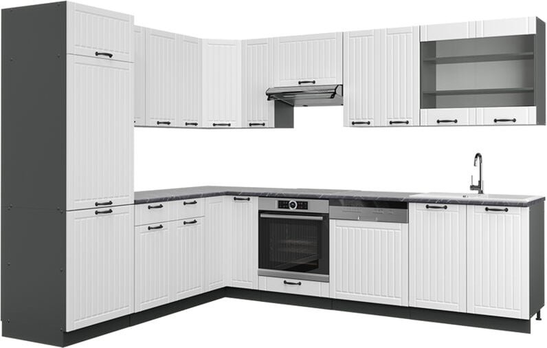 Eckküche Fame-Line, Weiß Landhaus/Anthrazit, 227 x 60 cm ohne Arbeitsplatte, Vicco