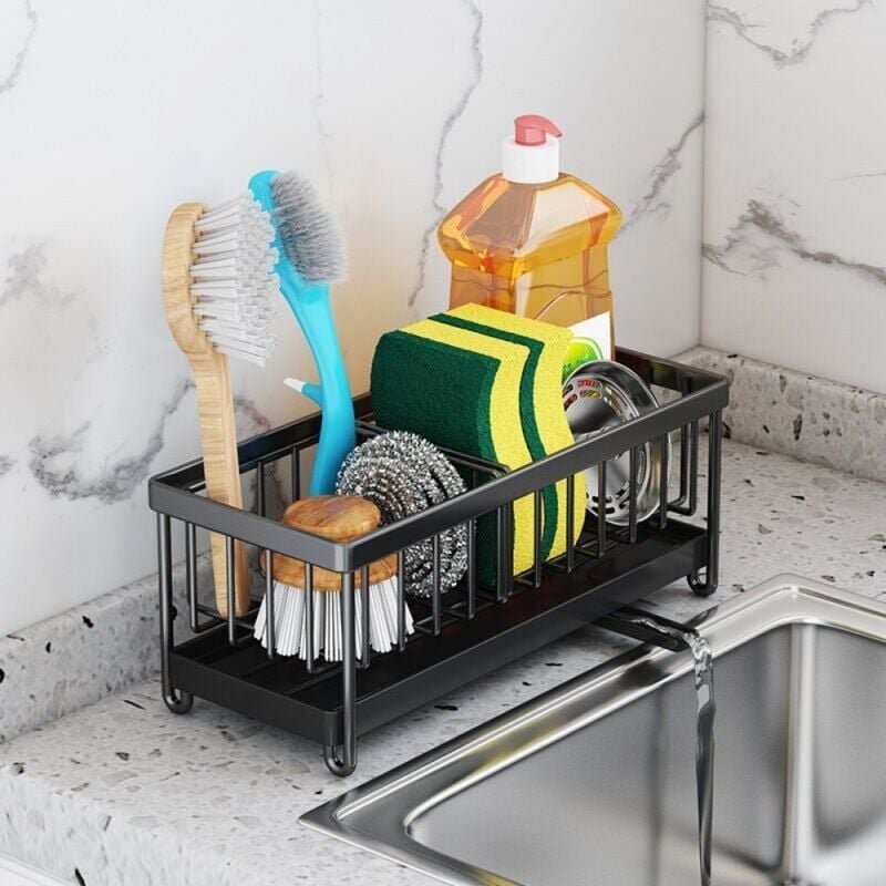 Thumbnail - 1PC Contenitore per lavello da cucina nero, Contenitore per spugna da cucina in acciaio inossidabile con vassoio di scar...