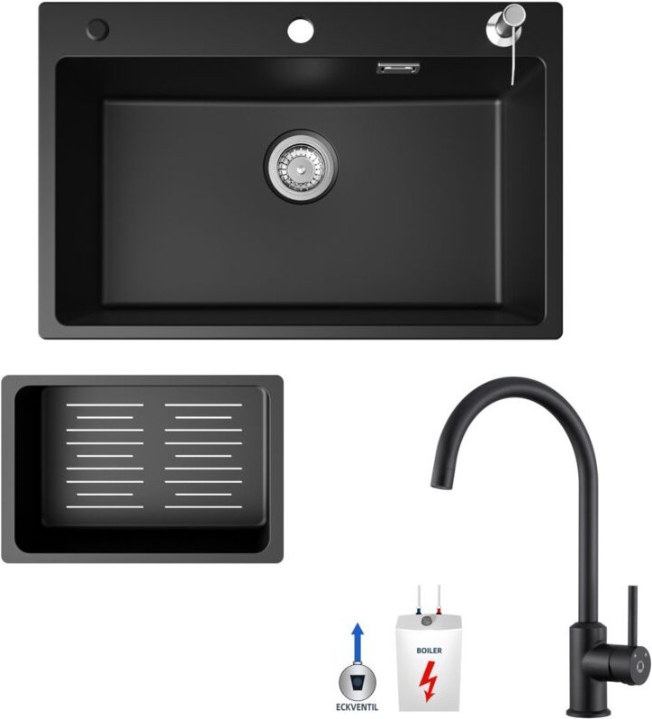 Cecipa Max - Küchenspüle 70x45cm Granitspüle Anthrazitschwarz Mit Seifenspender + Niederdruck-Küchenarmatur Schwarz Hohe...