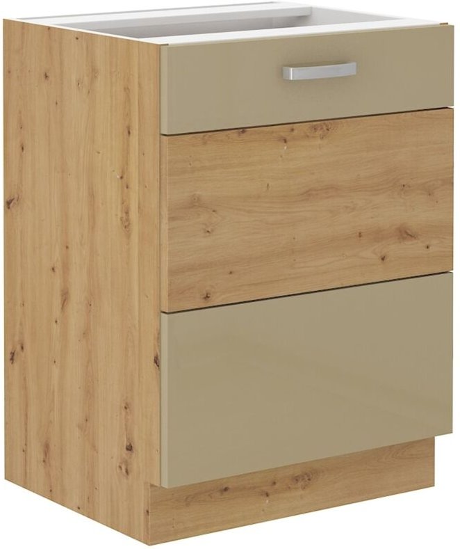 Küchen Preisbombe - Unterschrank 60 cm Eiche Artisan + Cappuccino Hochglanz Küchenzeile Küchenblock