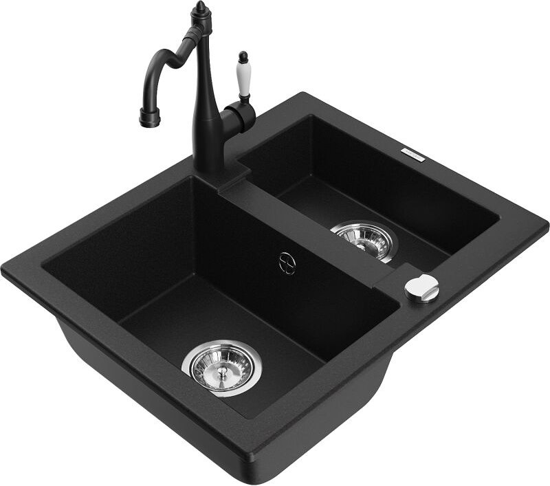 Carlos 1,5-Becken-Granitspüle mit Mischbatterie Carla, Schwarz - 6518-77-670700-70 - Mexen