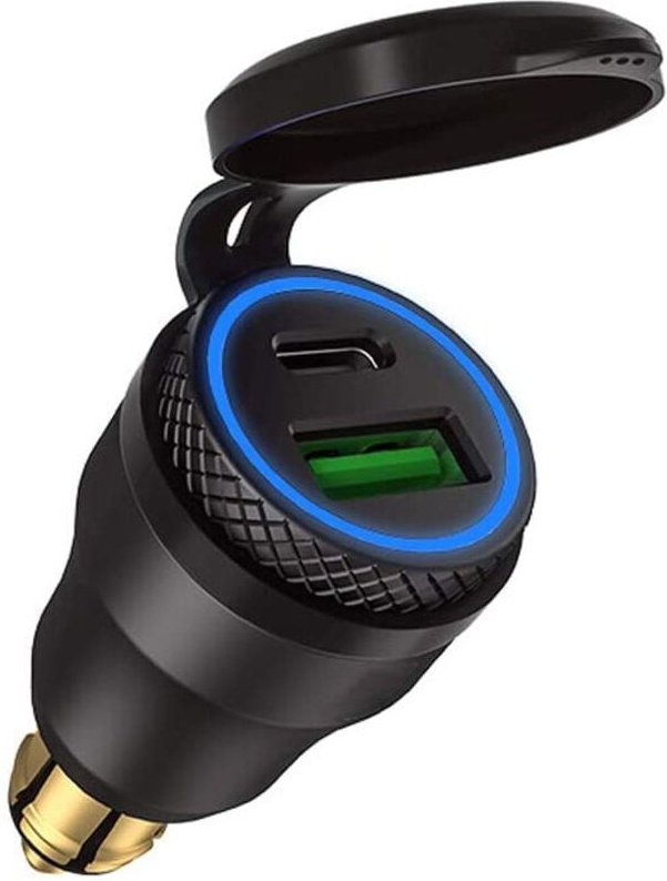 Motorrad-USB-Zigarettenanzünder-Adapter – Dual-USB-Buchse, schwarzes Gehäuse, blaues Licht für BMW-Motorrad