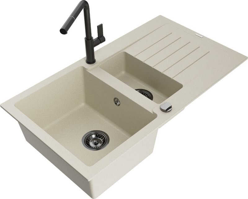 Matias 1,5-Becken-Granitspüle mit Abtropffläche und Mischbatterie Flora, Beige - 6502-69-67040 - Mexen