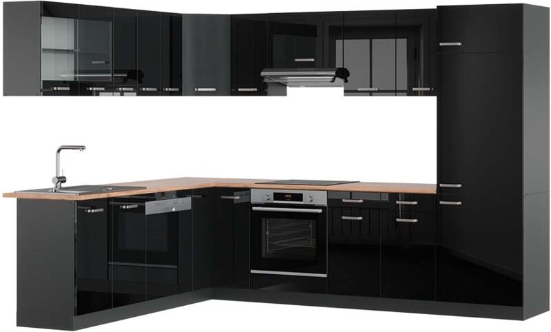 Vicco - Eckküche R-Line, Schwarz Hochglanz/Anthrazit, 227 x 287 cm , ap Eiche