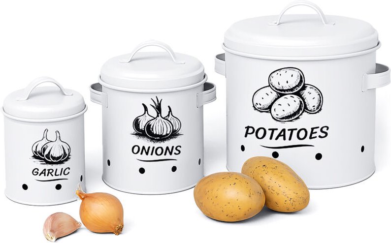 Thumbnail - Relaxdays Kartoffel Aufbewahrungsbox, Zwiebeln, Knoblauch, 3er Set, mit Deckel & Löchern, Metall, Zwiebeltopf, weiß