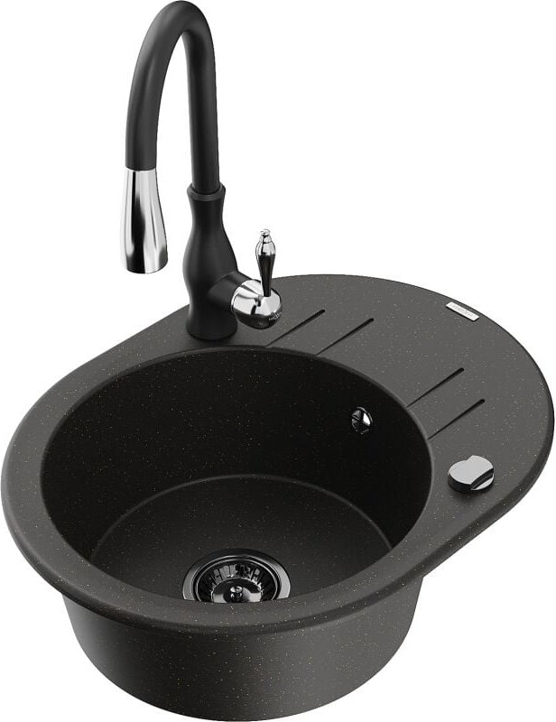 Kevin 1 Becken-Granitspüle mit Abtropffl√§che und Mischbatterie Savita, Schwarz/Gold metallisch - 6517-75-672601-70-B - ...