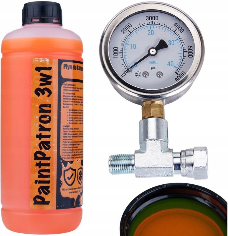 Rosfix Lineares Manometer für eine Lackiereinheit mit 1/4" T-Stück + Rosfix PaintPatron 3in1 1L Wartungs- und Reinigungs...