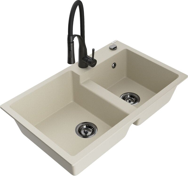Mexen Tomas 2-Becken-Granitspüle mit Mischbatterie Aster, Beige - 6516-69-73450-70-B