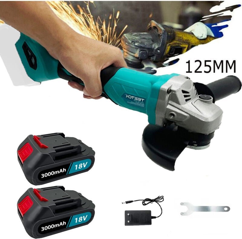 125-mm-Winkelschleifer, 18 V, 850 W, kabelloser Ersatz, kompatibel mit Makita-Akku, mit 2 x 3,0 Ah-Akkus und Ladegerät z...