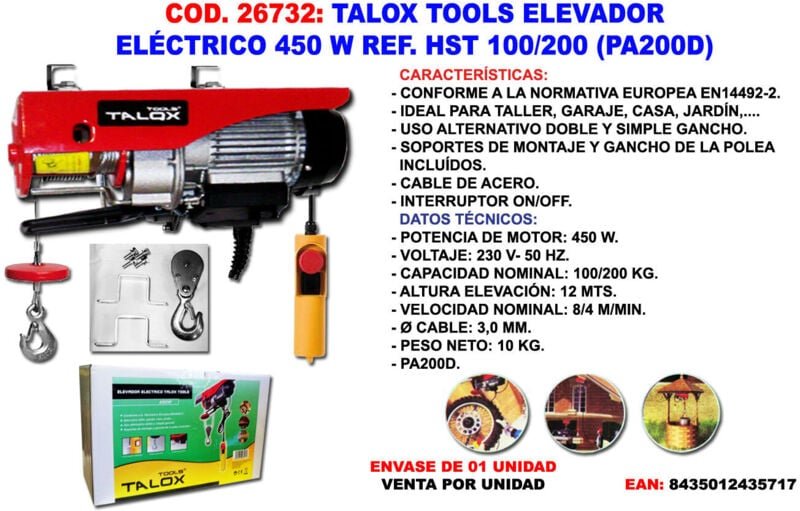 Talox Elektrolift Hebebühne 450 w 100/200 kg PA200D