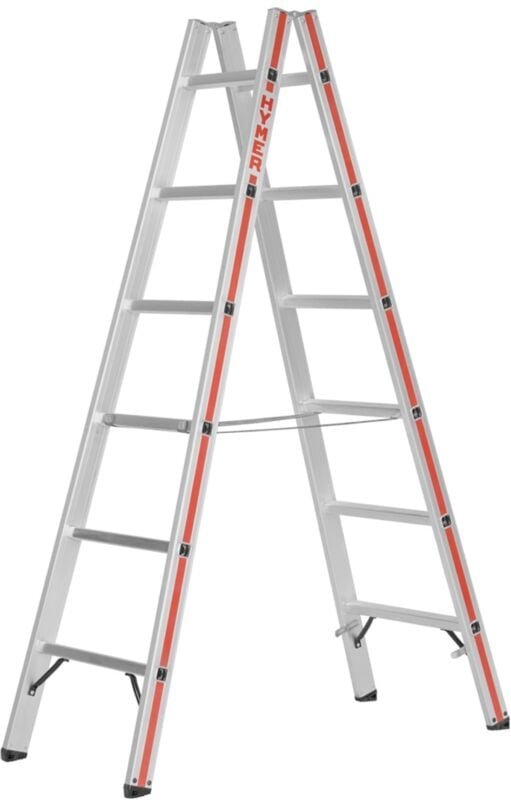Hymer Sprossenstehleiter, Aluminium, beidseitig begehbar, 2 x 10 Sprossen, Gesamtbreite 655 mm, Reichhöhe 4,17 m