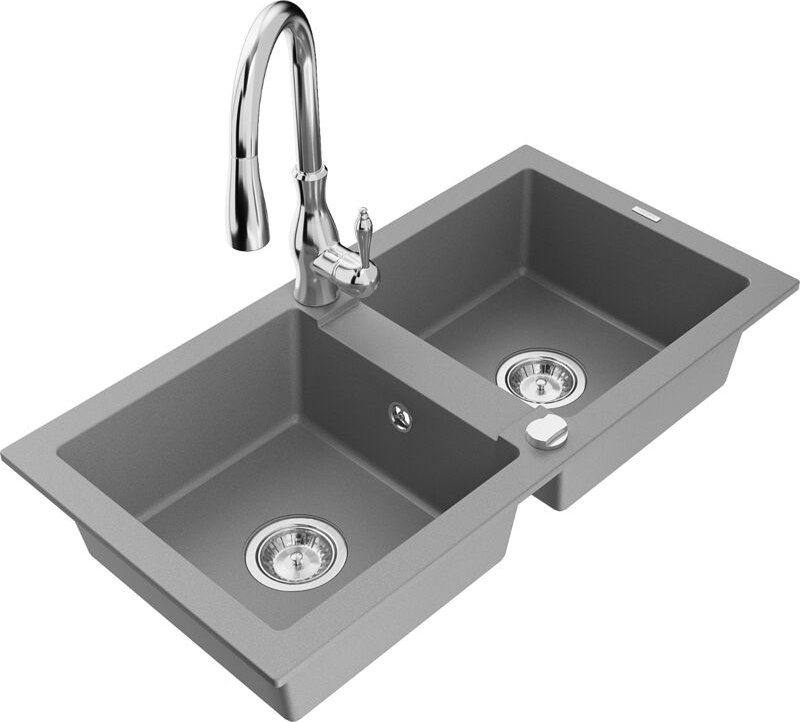 Mario 2-Becken-Granitspüle mit Mischbatterie Savita, Grau - 6504-71-672601-00 - Mexen