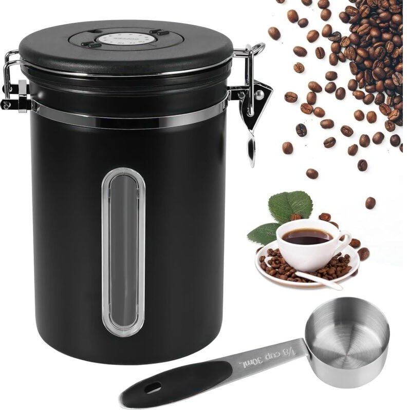 Luftdichter Kaffeebehälter aus Edelstahl, 1,8 l, Vakuumbehälter mit Messlöffel, CO2-Ventil und Ablaufdatum (schwarz)