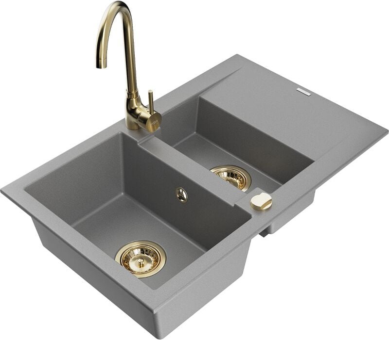 Gaspar 1,5-Becken-Granitspüle mit Abtropffl√§che und Mischbatterie Telma, Grau - 6507-71-670200-50 - Mexen